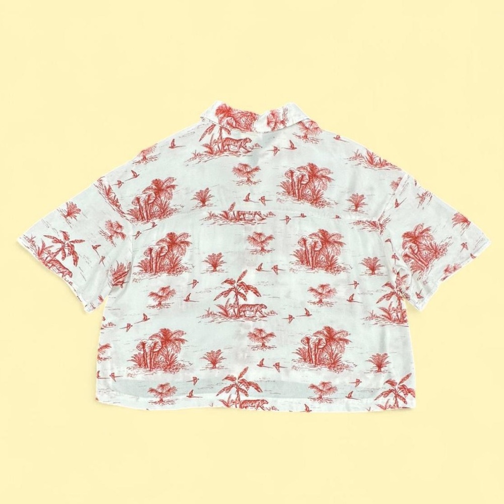 ❤️🐯 Red and White Tropical Palm Print Crop Top Tiger Elephant Bird🐘🌴 - Picture 3 of 8